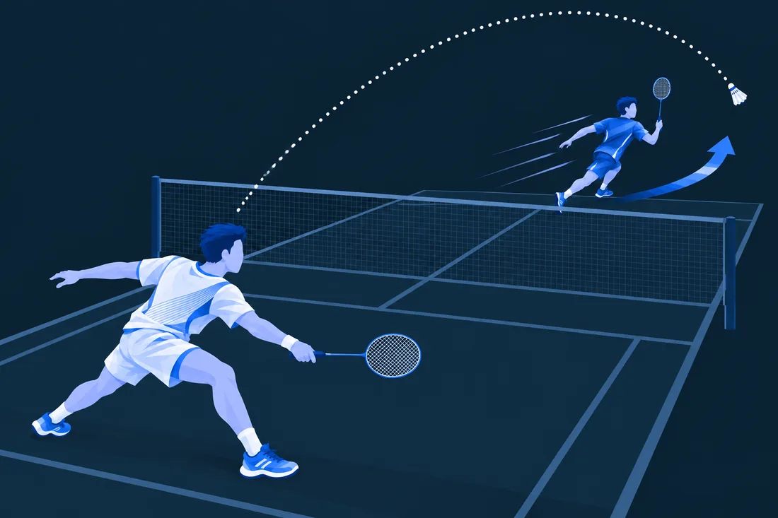 A player lifts the shuttle deep while the rival runs back to the baseline